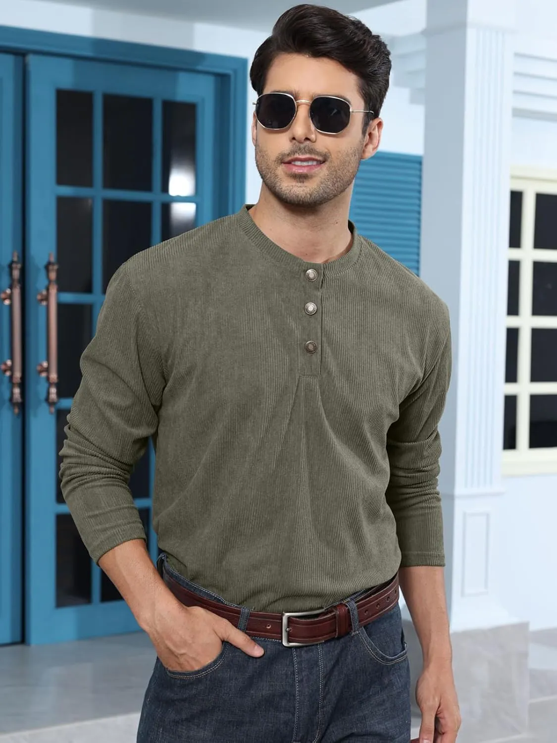 Angbater Casual Men's Corduroy Sweatshirt Long Sleeve Henley Shirts Thermal Button Pullover Sweatshirt
