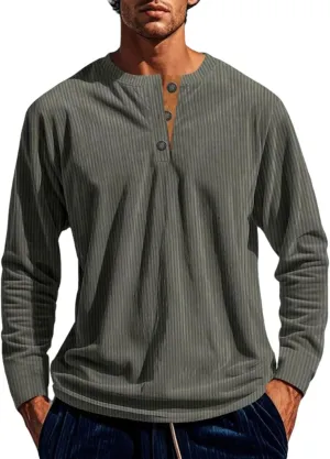 Angbater Casual Men's Corduroy Sweatshirt Long Sleeve Henley Shirts Thermal Button Pullover Sweatshirt