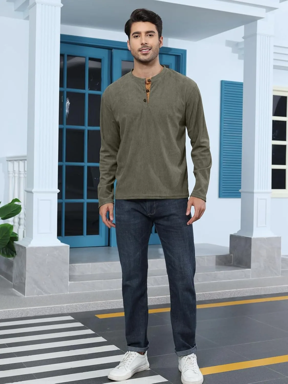 Angbater Casual Men's Corduroy Sweatshirt Long Sleeve Henley Shirts Thermal Button Pullover Sweatshirt