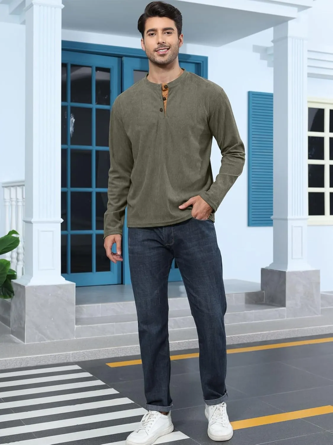 Angbater Casual Men's Corduroy Sweatshirt Long Sleeve Henley Shirts Thermal Button Pullover Sweatshirt