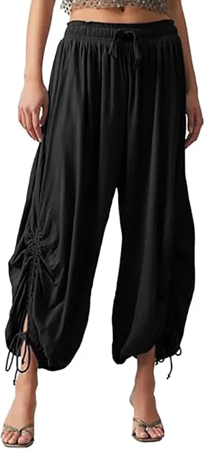 Capri Harem Pants for Women Baggy Side Drawstring Beach Pants Pleated Loose Lounge Trousers 2025 Streetwear