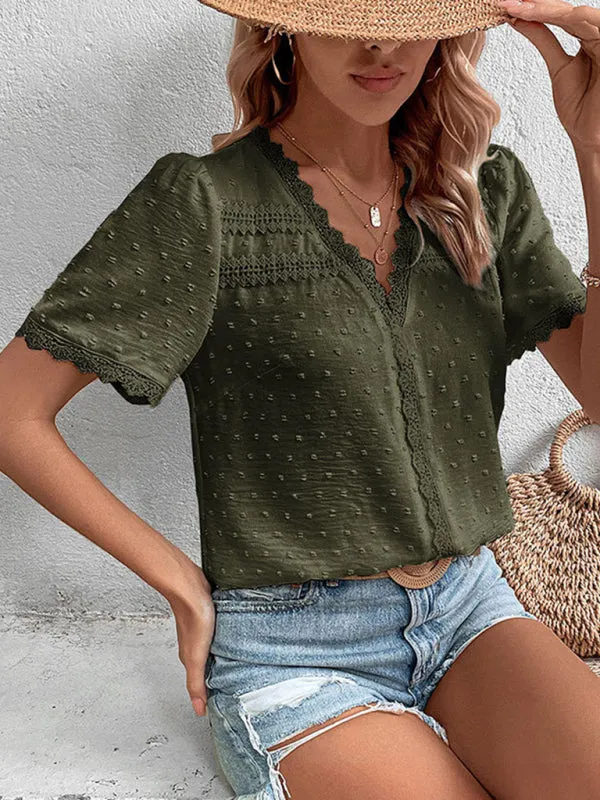 Cesca V-Neck Neckline Lace Panel Elegant Blouse