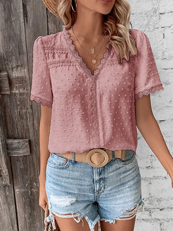 Cesca V-Neck Neckline Lace Panel Elegant Blouse