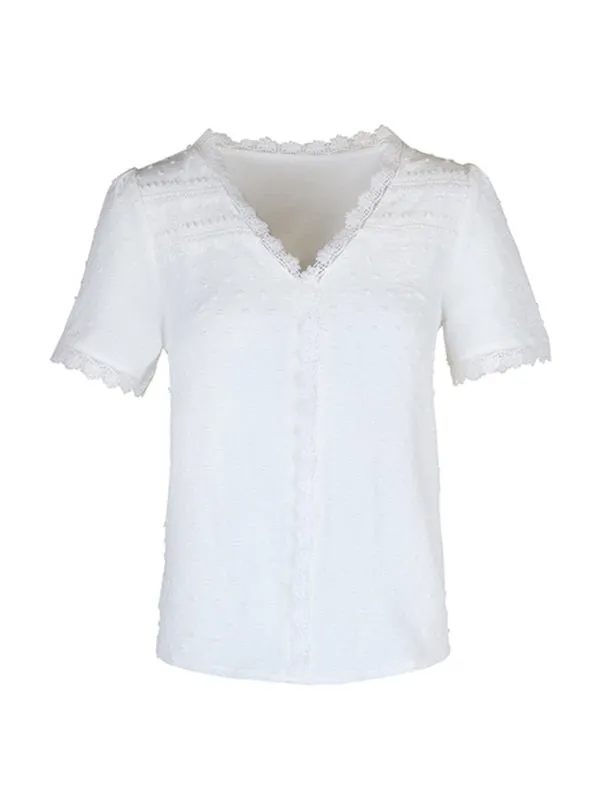 Cesca V-Neck Neckline Lace Panel Elegant Blouse