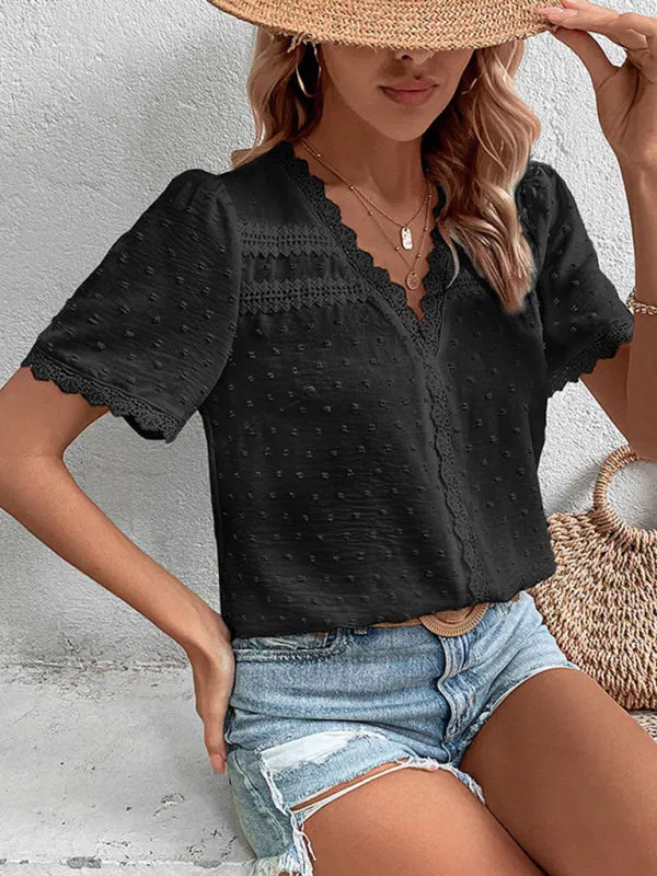 Cesca V-Neck Neckline Lace Panel Elegant Blouse