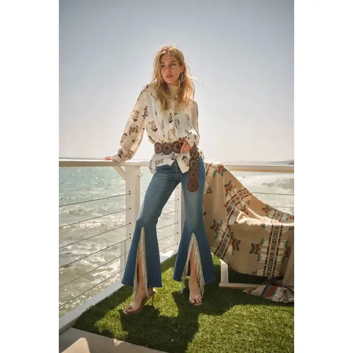 High Waist Flare Bottom w/ Rhinestone Fringe Jeans