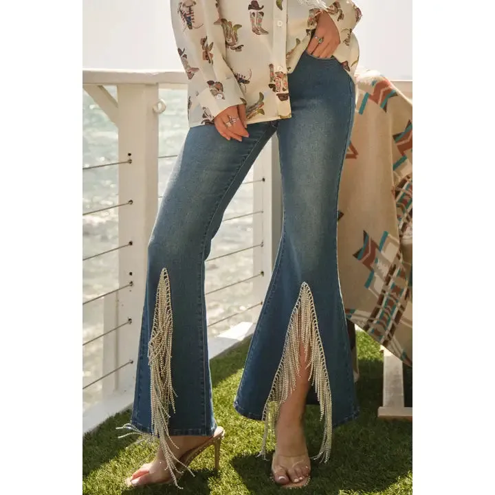 High Waist Flare Bottom w/ Rhinestone Fringe Jeans