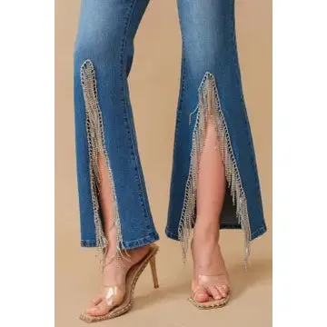 High Waist Flare Bottom w/ Rhinestone Fringe Jeans