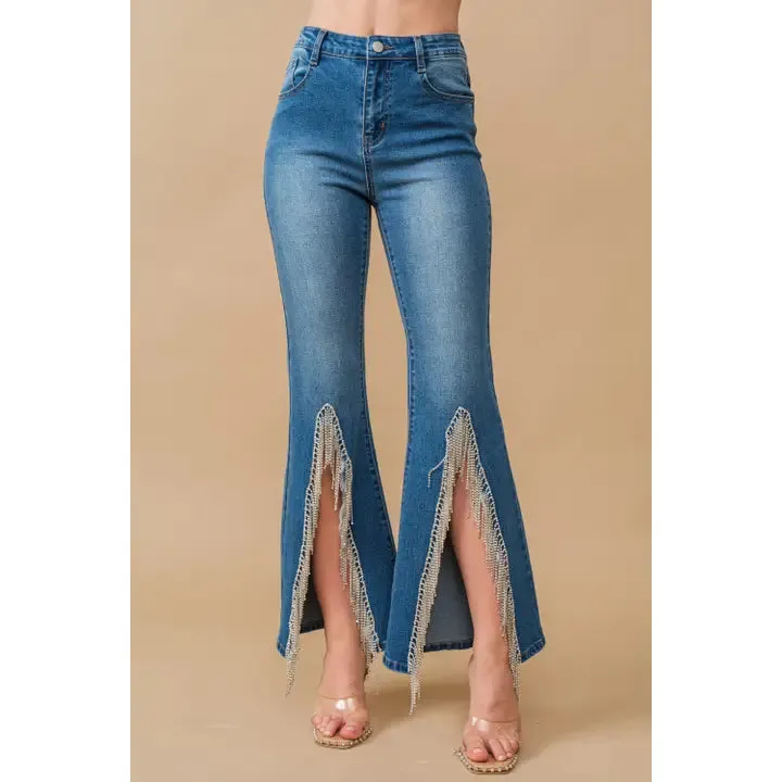 High Waist Flare Bottom w/ Rhinestone Fringe Jeans