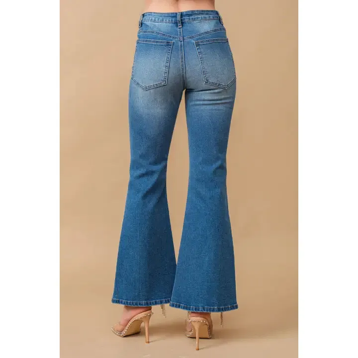High Waist Flare Bottom w/ Rhinestone Fringe Jeans