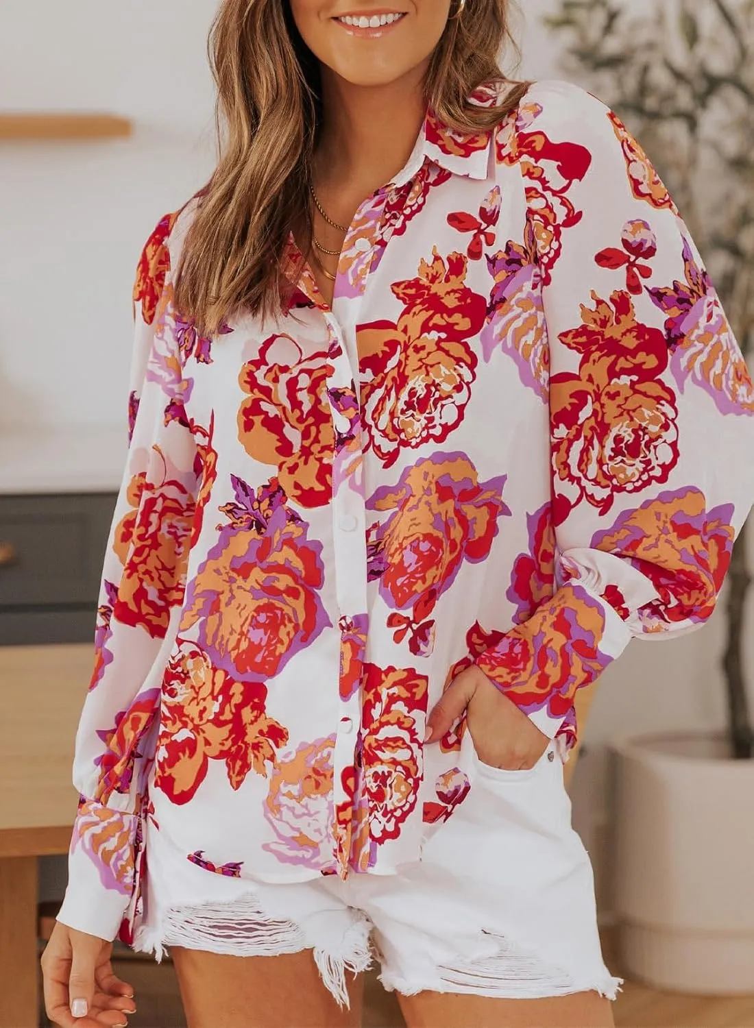 IN'VOLAND Womens Plus Size Button Down Shirts Print Long Sleeve Blouses Boho Floral Shirts Hawaiian Shirts Work Office Tops