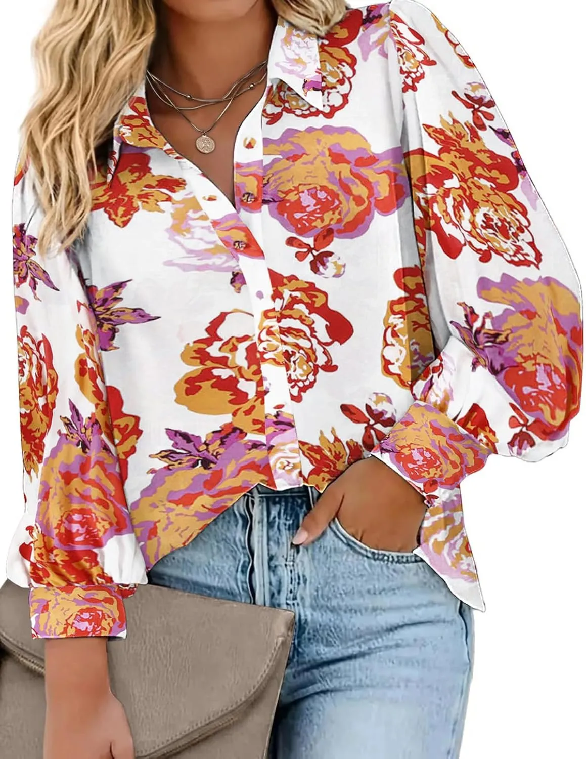 IN'VOLAND Womens Plus Size Button Down Shirts Print Long Sleeve Blouses Boho Floral Shirts Hawaiian Shirts Work Office Tops