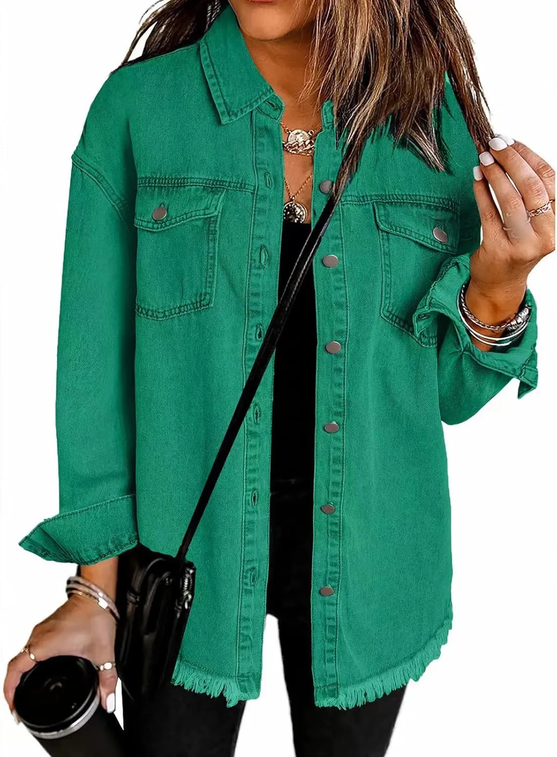 Jean Jackets for Women Oversized Button Up Frayed Hem Shacket Casual Long Sleeve Denim Jean Jackets Coat with Pockets