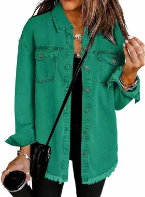 Jean Jackets for Women Oversized Button Up Frayed Hem Shacket Casual Long Sleeve Denim Jean Jackets Coat with Pockets