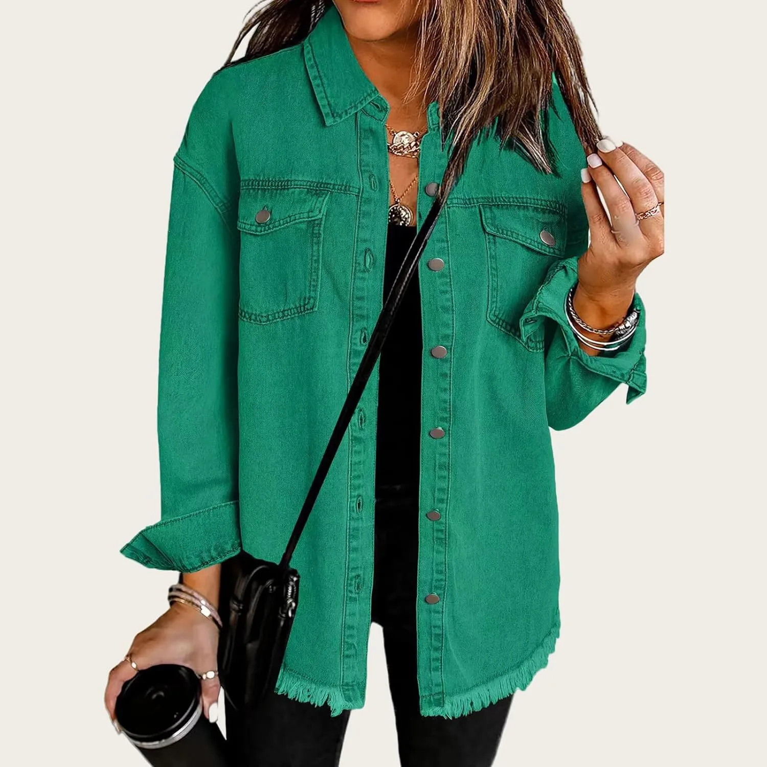 Jean Jackets for Women Oversized Button Up Frayed Hem Shacket Casual Long Sleeve Denim Jean Jackets Coat with Pockets