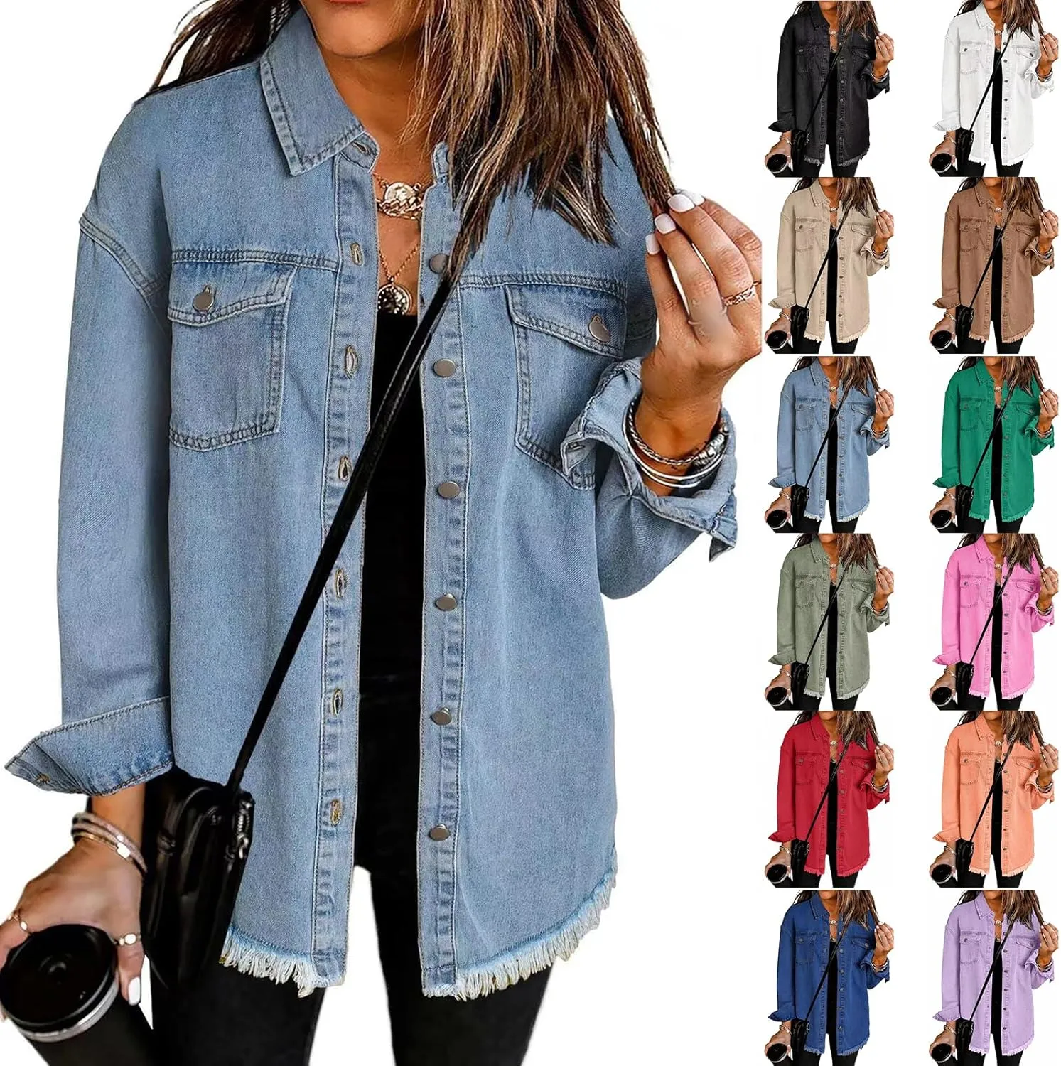 Jean Jackets for Women Oversized Button Up Frayed Hem Shacket Casual Long Sleeve Denim Jean Jackets Coat with Pockets