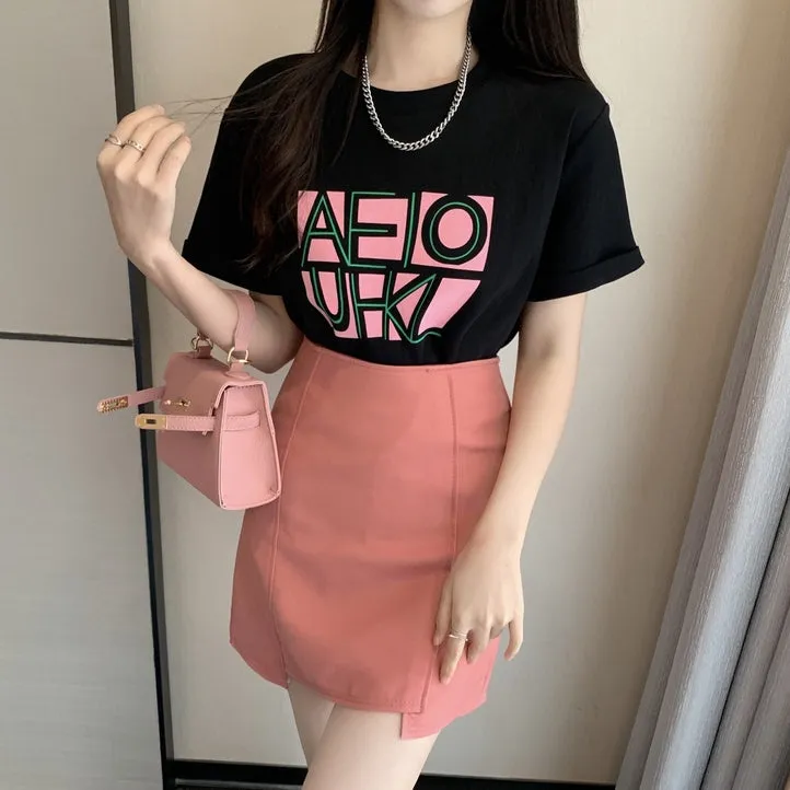 Letter Print T-Shirt Irregular High-Waist Skirt Set