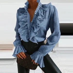 Ruffled Long Sleeve Button Shirt Blouse  – Elegant Office Wear