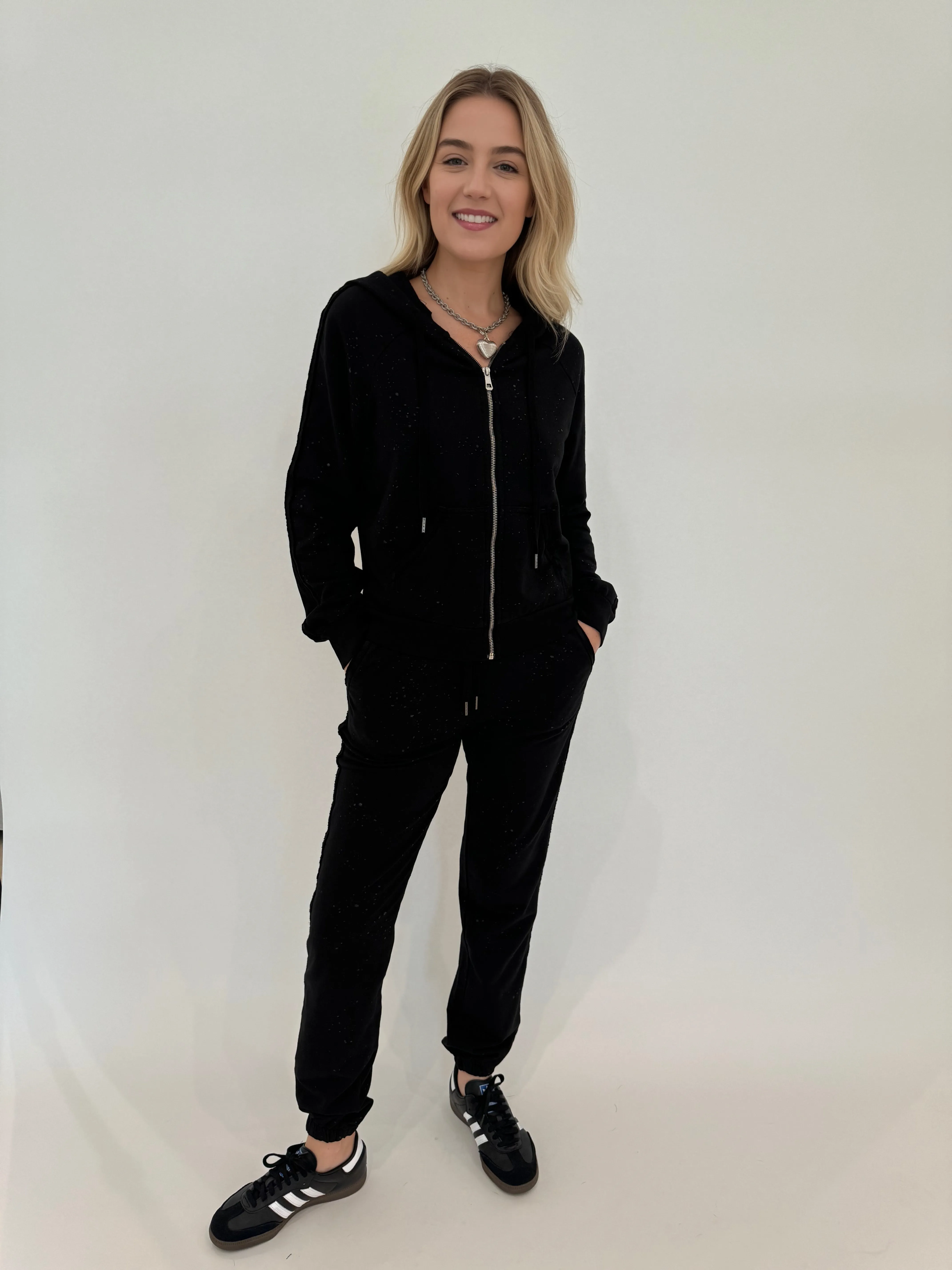 Sandy Distressed Zip Hoodie - Black