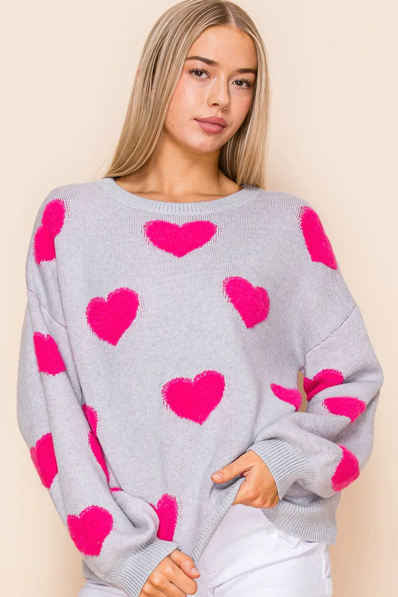 Soft Textured Heart Pattern Valentine Sweater