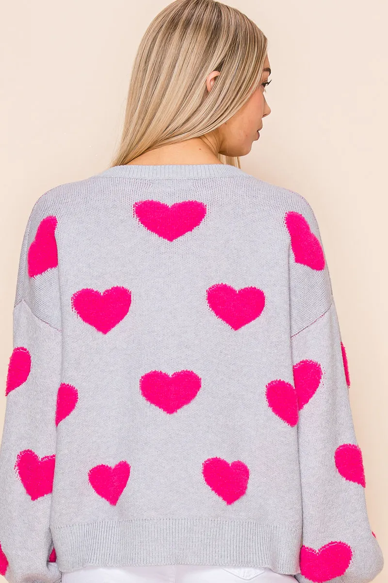 Soft Textured Heart Pattern Valentine Sweater