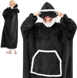 Wearable Blanket Hoodie, Oversized Sherpa Fleece Hooded Sweatshirt with Eye Mask, Cozy and Giant Blanket Hoodie with Sleeves Extra Long for Adults Men Women, Black