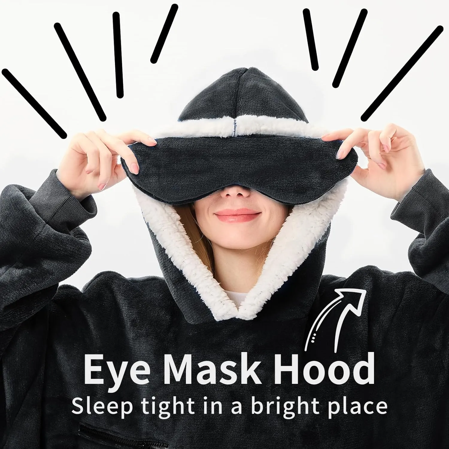 Wearable Blanket Hoodie, Oversized Sherpa Fleece Hooded Sweatshirt with Eye Mask, Cozy and Giant Blanket Hoodie with Sleeves Extra Long for Adults Men Women, Black