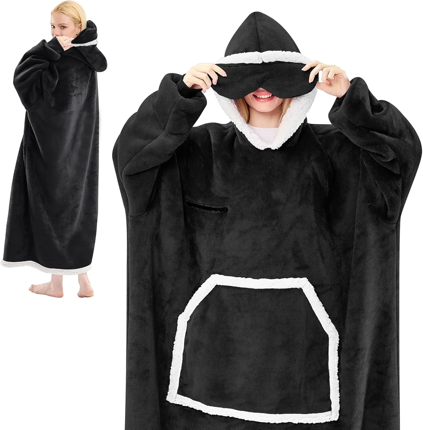 Wearable Blanket Hoodie, Oversized Sherpa Fleece Hooded Sweatshirt with Eye Mask, Cozy and Giant Blanket Hoodie with Sleeves Extra Long for Adults Men Women, Black