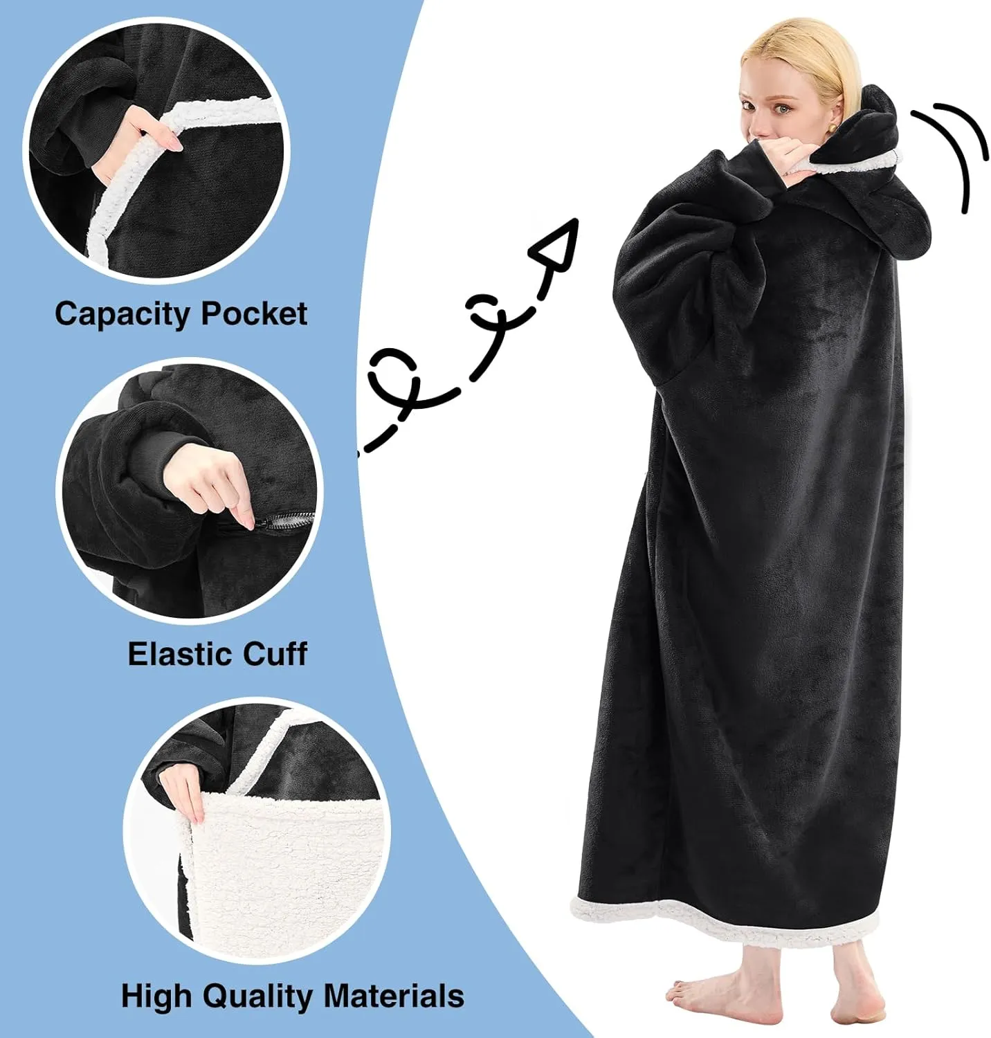 Wearable Blanket Hoodie, Oversized Sherpa Fleece Hooded Sweatshirt with Eye Mask, Cozy and Giant Blanket Hoodie with Sleeves Extra Long for Adults Men Women, Black
