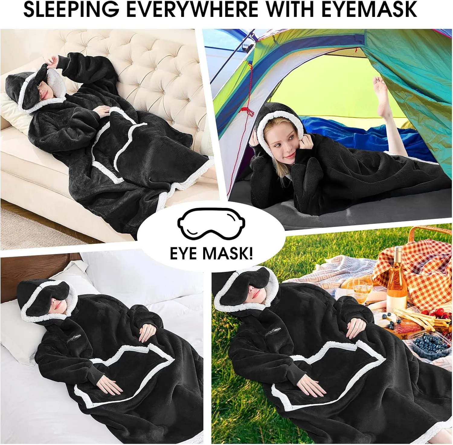 Wearable Blanket Hoodie, Oversized Sherpa Fleece Hooded Sweatshirt with Eye Mask, Cozy and Giant Blanket Hoodie with Sleeves Extra Long for Adults Men Women, Black