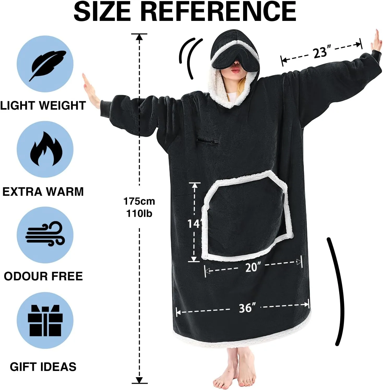Wearable Blanket Hoodie, Oversized Sherpa Fleece Hooded Sweatshirt with Eye Mask, Cozy and Giant Blanket Hoodie with Sleeves Extra Long for Adults Men Women, Black