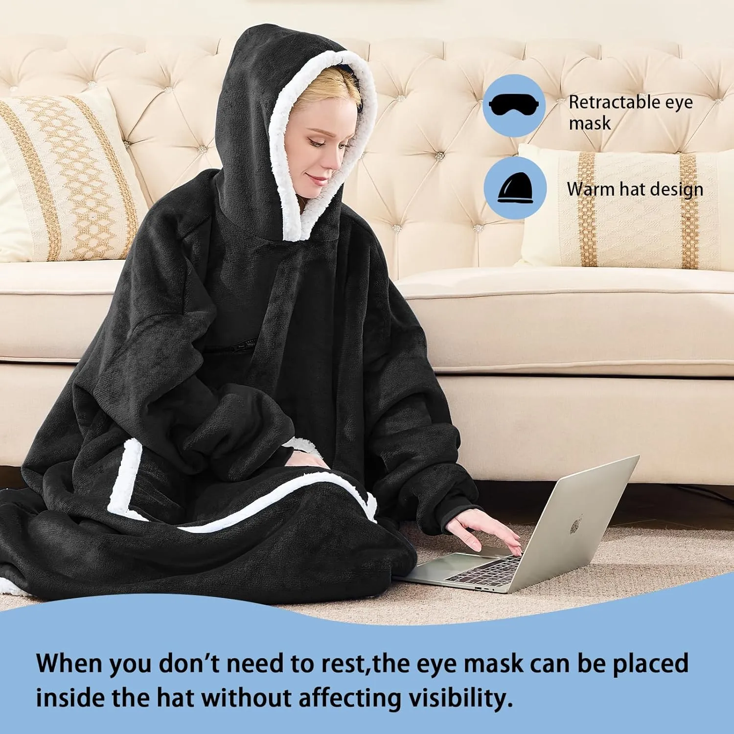 Wearable Blanket Hoodie, Oversized Sherpa Fleece Hooded Sweatshirt with Eye Mask, Cozy and Giant Blanket Hoodie with Sleeves Extra Long for Adults Men Women, Black
