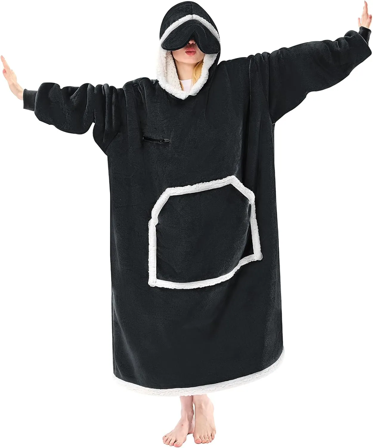 Wearable Blanket Hoodie, Oversized Sherpa Fleece Hooded Sweatshirt with Eye Mask, Cozy and Giant Blanket Hoodie with Sleeves Extra Long for Adults Men Women, Black