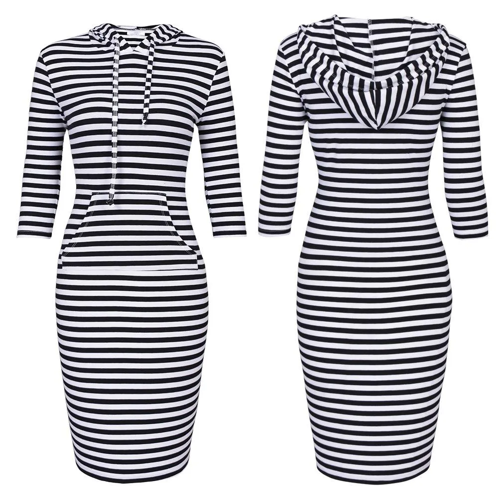 Women dressy seven quarter sleeve drawstring hoodie tunic sweatshirt