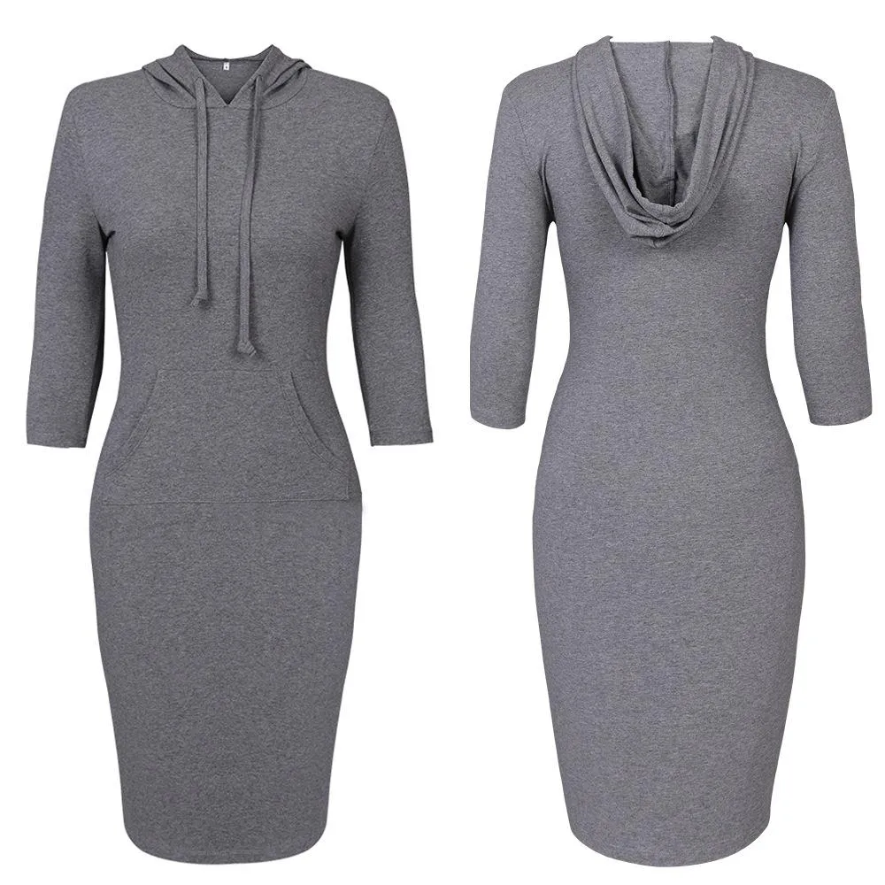 Women dressy seven quarter sleeve drawstring hoodie tunic sweatshirt