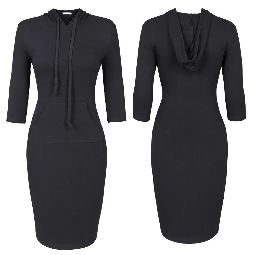 Women dressy seven quarter sleeve drawstring hoodie tunic sweatshirt