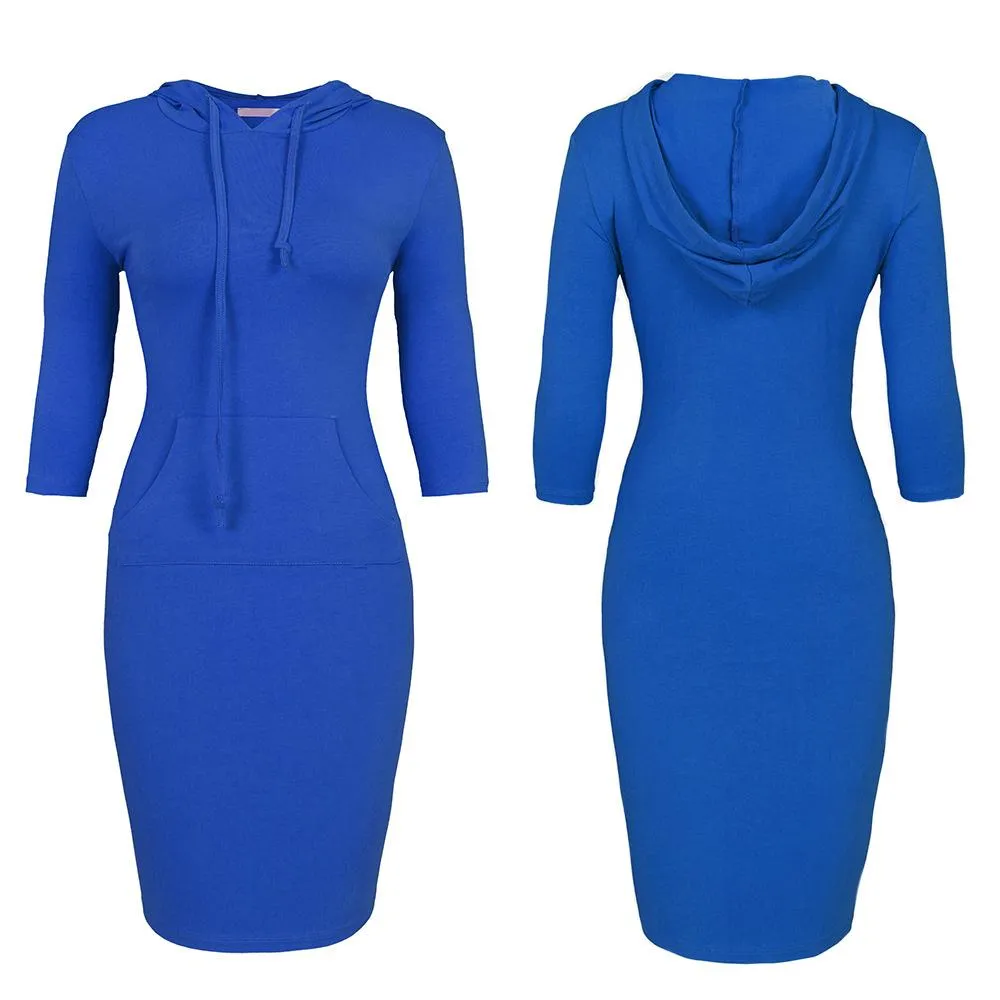 Women dressy seven quarter sleeve drawstring hoodie tunic sweatshirt