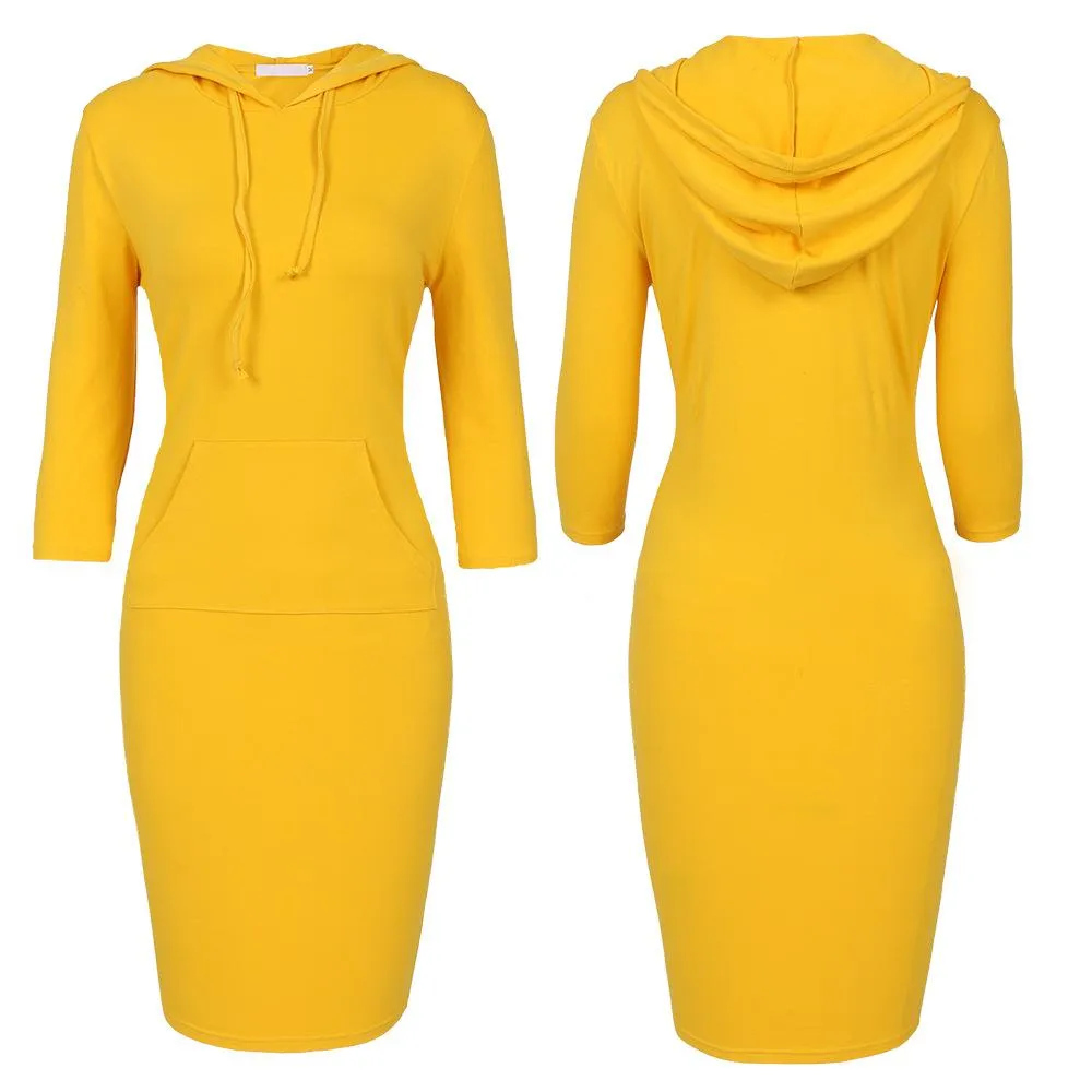 Women dressy seven quarter sleeve drawstring hoodie tunic sweatshirt