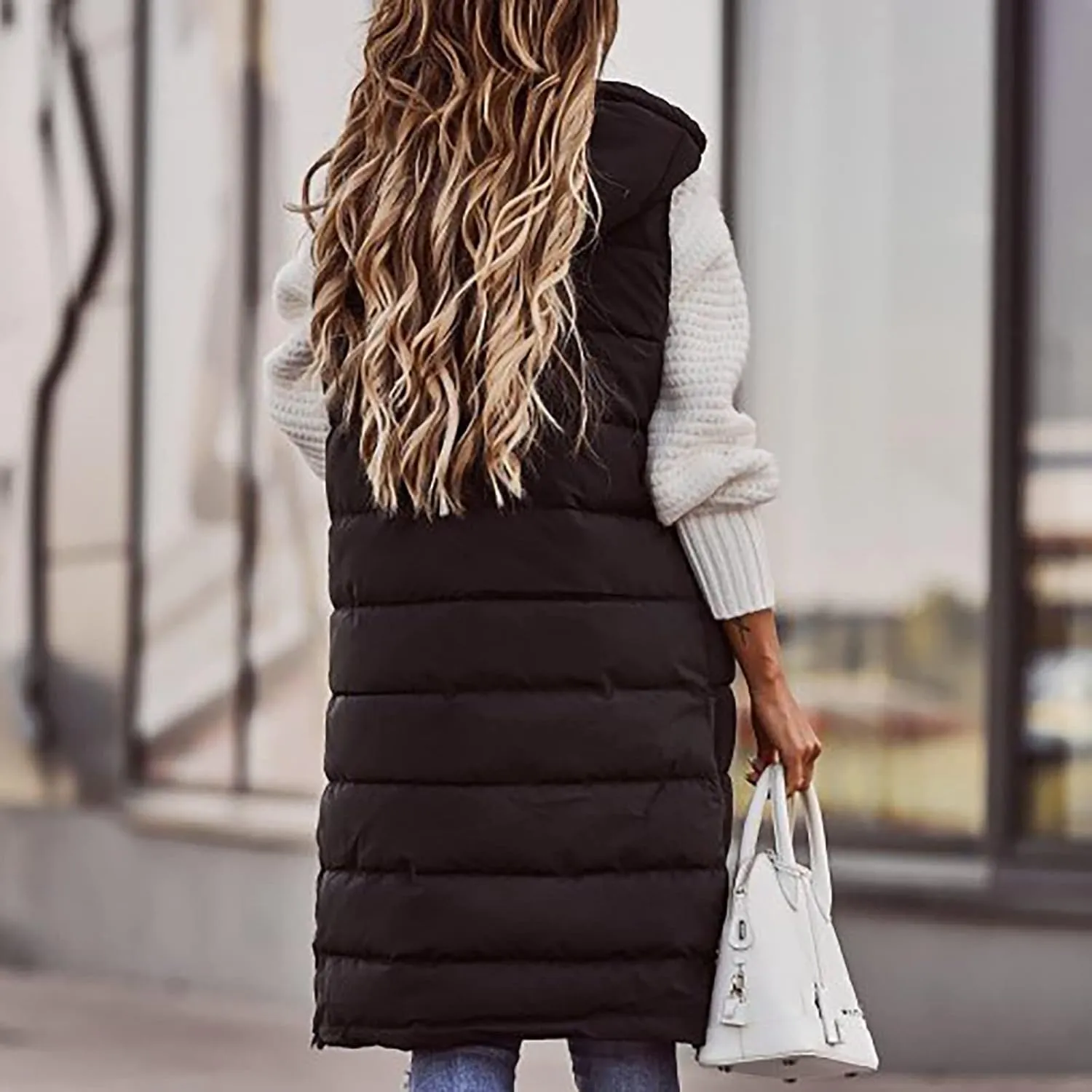 Women Long Puffer Vest Oversized Sleeveless Quilted Vest Zipper Hooded Puffy Jacket Plus Size Down Vest Outerwear