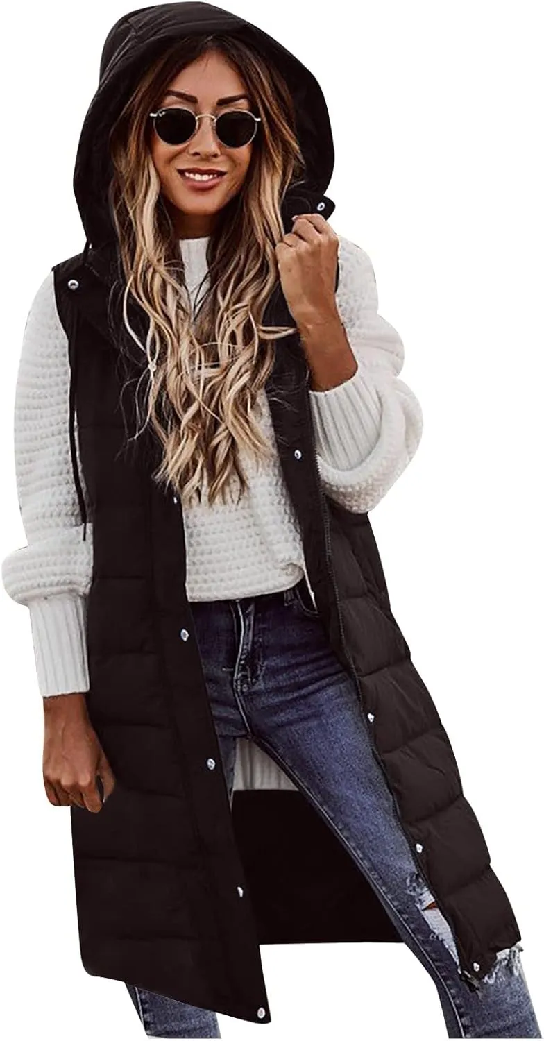 Women Long Puffer Vest Oversized Sleeveless Quilted Vest Zipper Hooded Puffy Jacket Plus Size Down Vest Outerwear