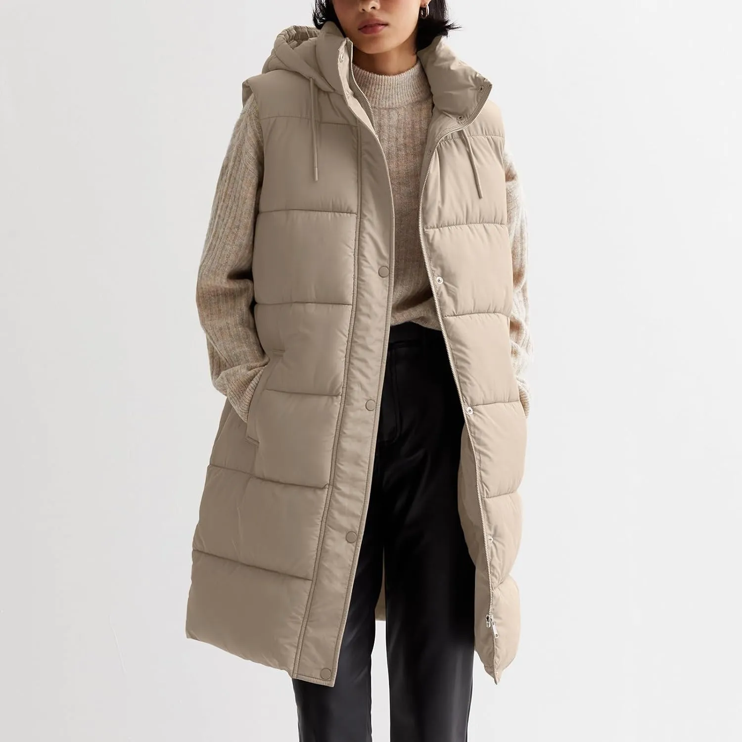 Women Long Puffer Vest Oversized Sleeveless Quilted Vest Zipper Hooded Puffy Jacket Winter Warm Padded Gilet Coat