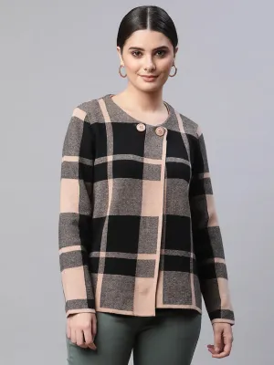 Women Round Neck Straight Full Sleeves Caramel Checkered Regular Fit Knitted Cardigan