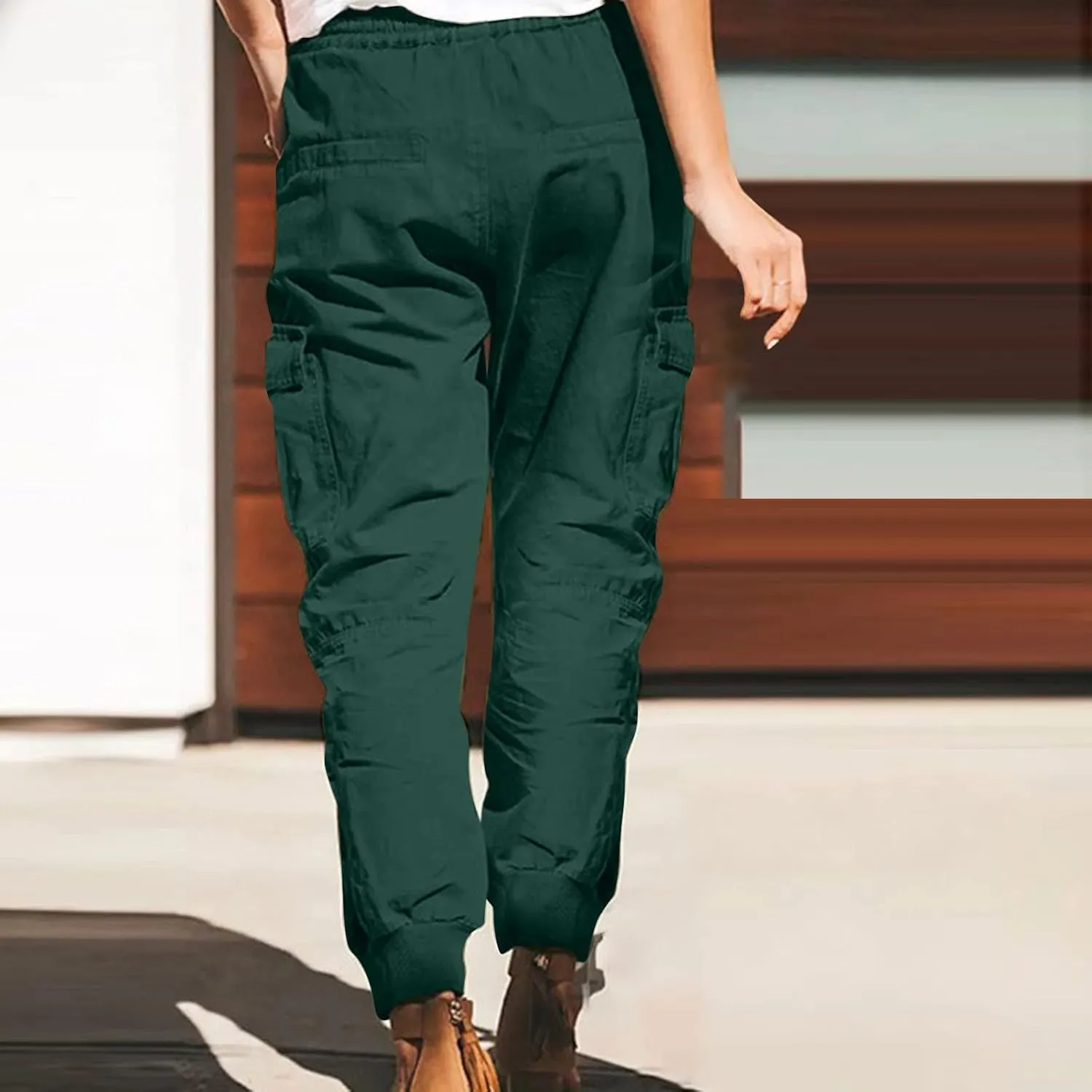 Women's Cargo Pants Tapered Leg Joggers Drawstring High Waist Pants Cotton Casual Hiking Trousers with Pockets