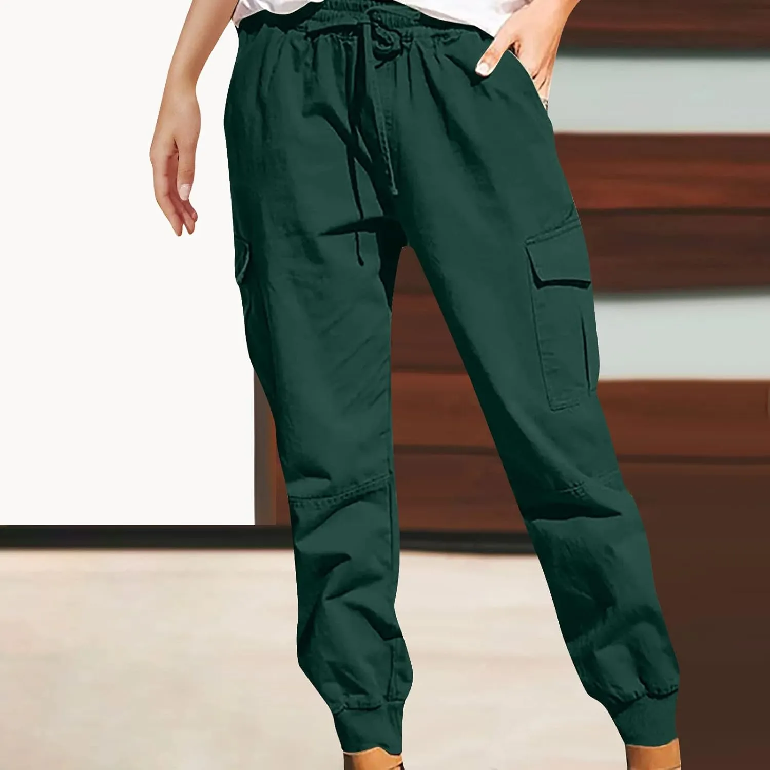 Women's Cargo Pants Tapered Leg Joggers Drawstring High Waist Pants Cotton Casual Hiking Trousers with Pockets