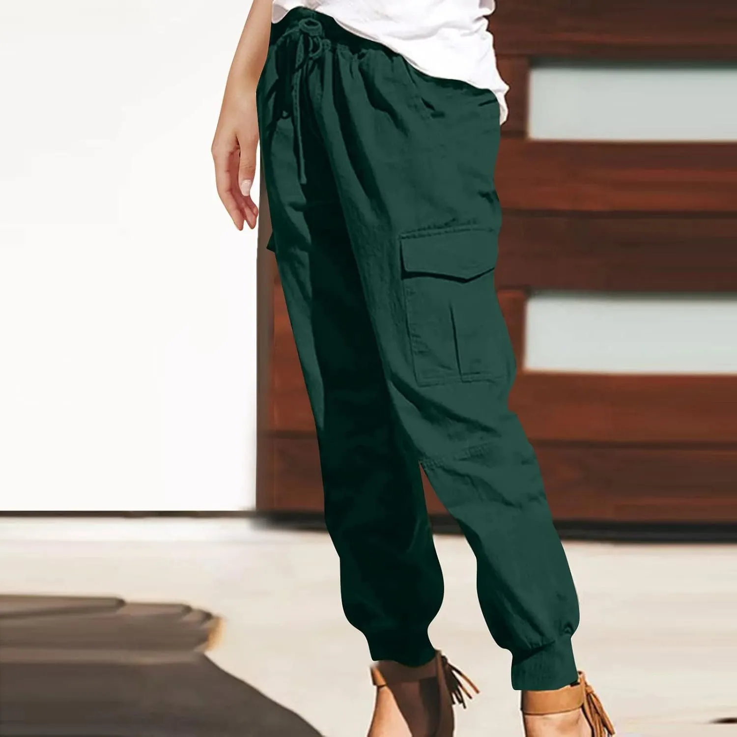 Women's Cargo Pants Tapered Leg Joggers Drawstring High Waist Pants Cotton Casual Hiking Trousers with Pockets