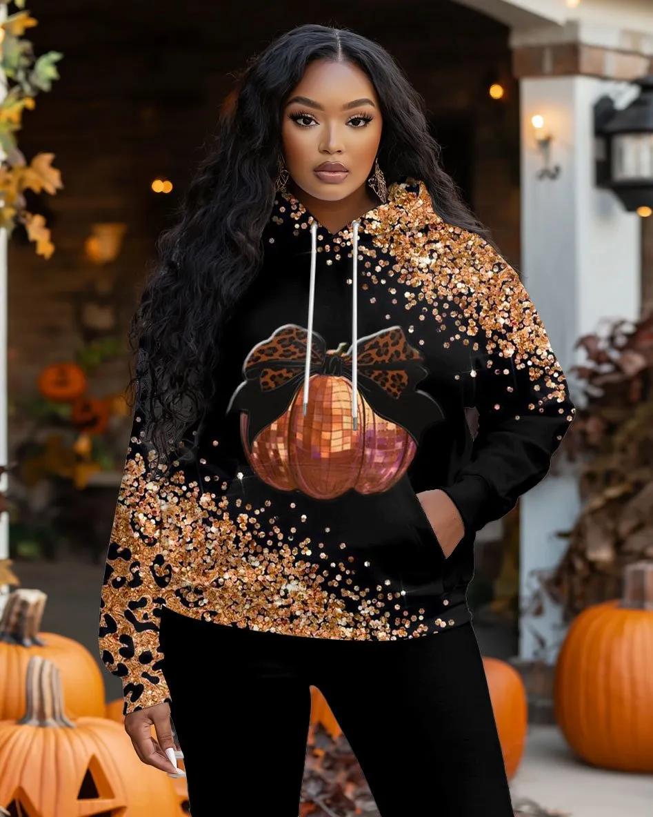 Women's Halloween Shiny Pumpkin Print Long-sleeved Hoodie
